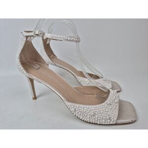 Stuart Weitzman Bliss 75MM Imitation Pearl Embellished Satin Sandals Size 12